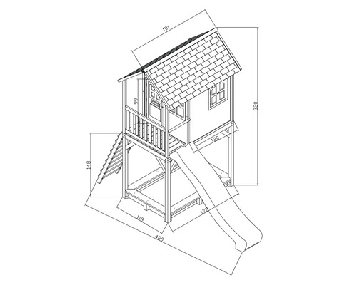Dessin technique d''une cabane de jeu avec toboggan et échelle avec dimensions.