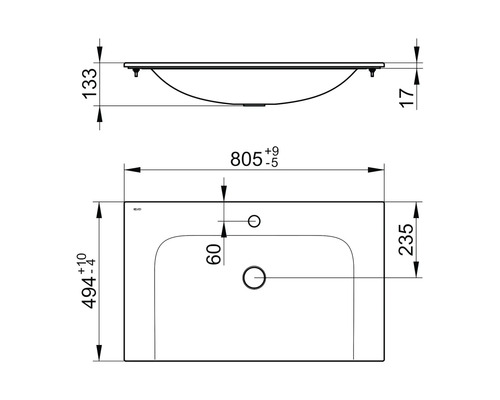 Technische Zeichnung eines Waschtisches mit Massangaben