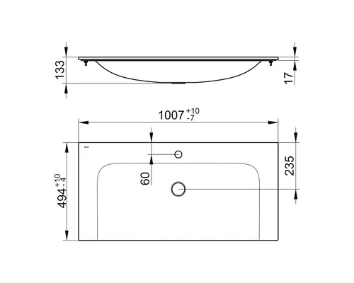 Technische Zeichnung eines Waschbeckens mit Maßangaben