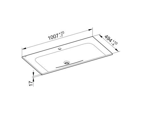 Technische Zeichnung eines Waschtischs mit Maßangaben