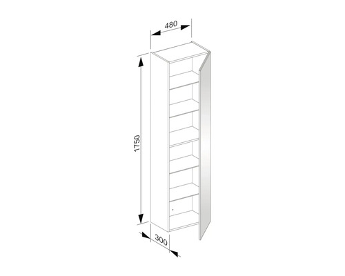 Technische Zeichnung eines Hochschranks mit Tür und Regalböden, Maße 1750 x 480 x 300 Millimeter