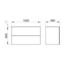 Masszeichnung eines Waschtischunterschranks mit den Massen 1000 x 605 x 490 Millimeter.