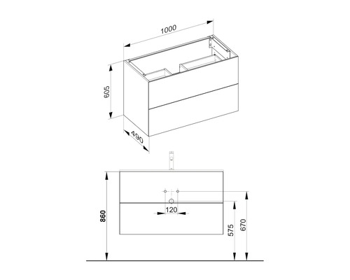 Dessin technique d''un meuble sous-lavabo avec dimensions