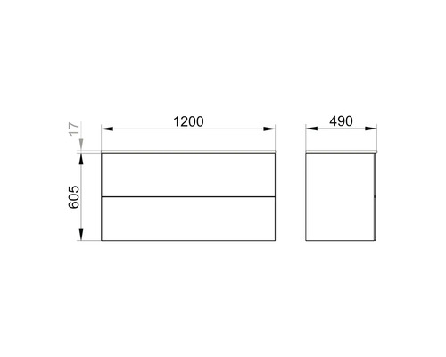 Masszeichnung eines Waschtischunterschranks mit den Massen 1200 x 605 x 490 mm.