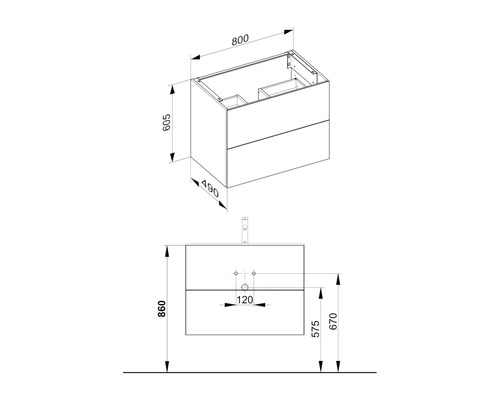 Dessin technique d''un meuble sous-lavabo avec dimensions