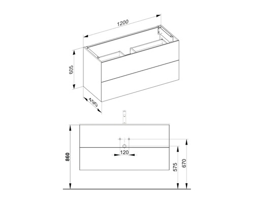 Schéma d''un meuble sous-lavabo avec indications de dimensions