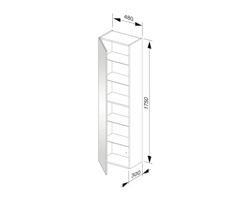 Technische Zeichnung eines Hochschranks mit Tür und mehreren Regalböden sowie Maßangaben in Millimeter