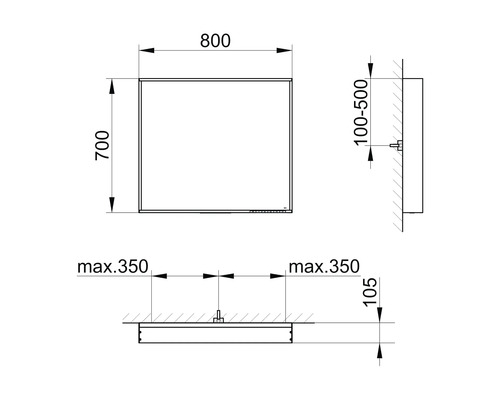 Technische Zeichnung eines Spiegelschranks mit Maßangaben.
