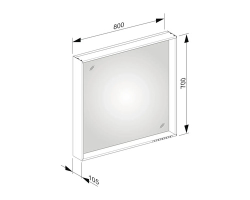 Technische Zeichnung eines Spiegelschranks mit den Massen 800 x 700 x 105 mm