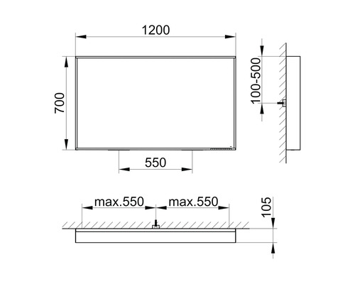 Masszeichnung eines rechteckigen Spiegels mit den Massen 1200x700 mm und einer Tiefe von maximal 550 mm.