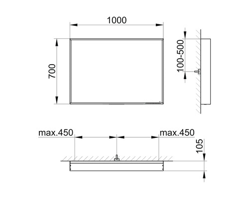 Technische Zeichnung eines Spiegels mit den Maßen 1000 x 700 mm.