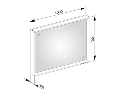 Technische Zeichnung eines Spiegels mit den Maßen 1000 x 700 x 105 Millimeter.