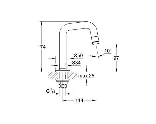 Schéma technique d''un robinet avec dimensions.