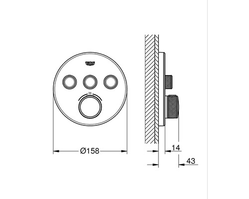 Technische Zeichnung einer Grohe Duscharmatur mit Massangaben