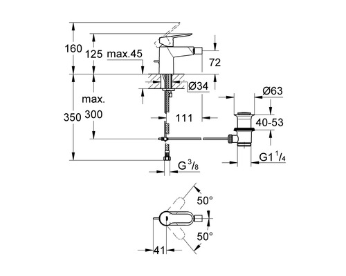 Technische Zeichnung einer Armatur mit Maßangaben