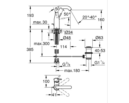 Dessin technique d''un robinet avec des indications de taille