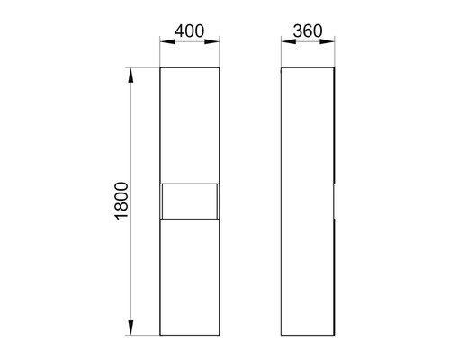 Technische Zeichnung eines Hochschranks mit den Massen 1800 x 400 x 360 Millimeter.