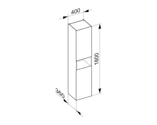 Technische Zeichnung eines Badezimmer-Hochschranks mit den Maßen 400 x 360 x 1800 mm.