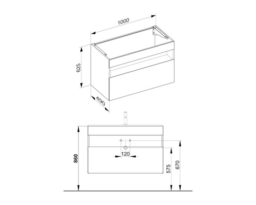 Dessin technique d''un meuble sous-lavabo avec indications de dimensions.