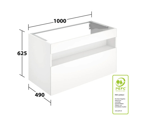 Waschtischunterschrank mit Schubladen und Maßangaben 1000 x 625 x 490 Millimeter und PEFC Siegel