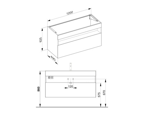 Schéma d''un meuble sous-vasque avec dimensions