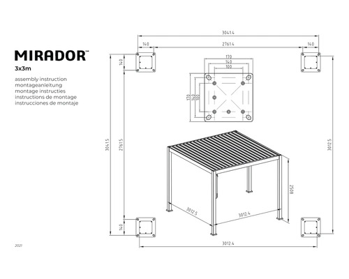 Instructions de montage pour un pavillon Mirador de 3x3 mètres avec des mesures