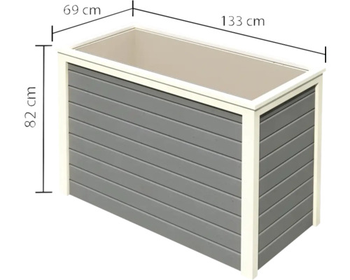 Jardinière grise mesurant 133 cm x 69 cm x 82 cm.