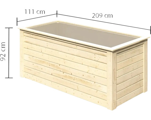 Image d''un bac à plantes en bois mesurant 209 cm de long, 111 cm de large et 92 cm de haut.