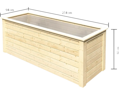 Jardinière en bois mesurant 254 sur 94 sur 92 centimètres