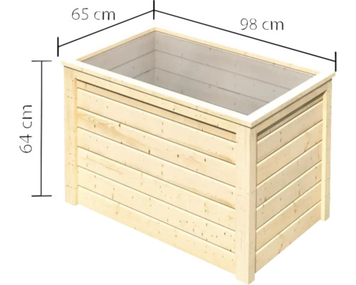 Jardinière en bois avec des dimensions de 98 cm de longueur, 65 cm de largeur et 64 cm de hauteur.