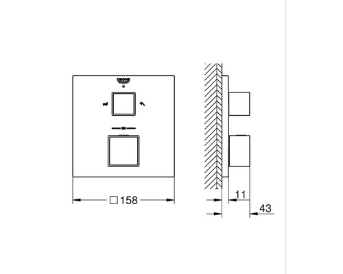 Dessin technique d''une plaque de commande Grohe avec dimensions