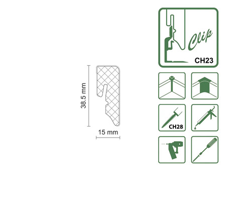 Clip CH23 pour la fixation de panneaux, dimensions 38,5 mm de hauteur et 15 mm de largeur, symboles supplémentaires pour le montage