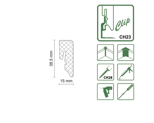 Clip CH23 avec des dimensions de 38,5 mm de hauteur et 15 mm de largeur, ainsi que des instructions de montage avec vis CH28, colle de montage, perceuse et tournevis