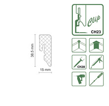 Clip CH23 mit Produktmaßen und Montagesymbolen