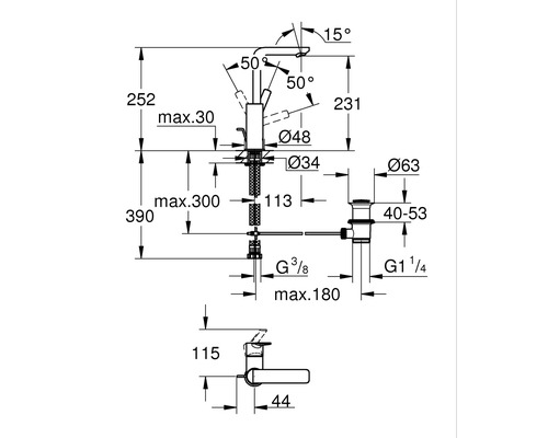 Schéma technique d''un robinet avec indications de dimensions