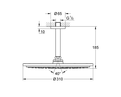 Schéma technique d''une pomme de douche avec dimensions