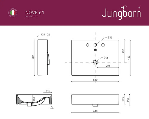 Schéma technique du lavabo NOVE 61 de Jungborn avec dimensions