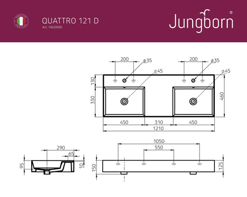 Schéma technique du lavabo Jungborn Quattro 121 D avec indications de dimensions
