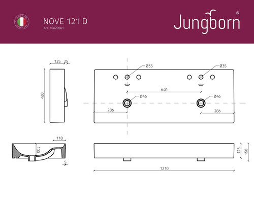 Dessin technique du lavabo Jungborn Nove 121 D avec indications de dimensions