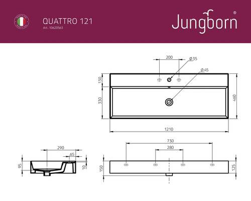 Dessin technique du lavabo Jungborn Quattro 121 avec dimensions