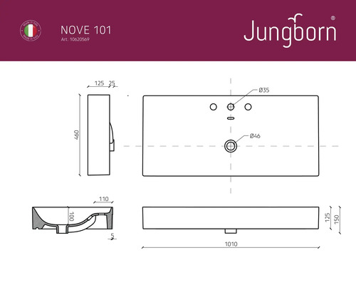 Dessin technique d''un lavabo Jungborn Nove 101 avec dimensions