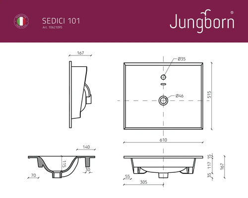 Technische Zeichnung eines Jungborn Sedici 101 Waschbeckens mit Maßangaben
