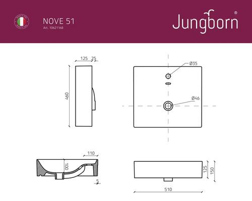 Technische Zeichnung Waschbecken mit Maßangaben