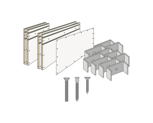 Illustration d''un kit de fixation d''étagères avec étagères, supports et vis.