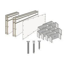 Befestigungsmaterial für Trockenbauwandelemente, bestehend aus Rahmen, Platten, Halterungen und Schrauben