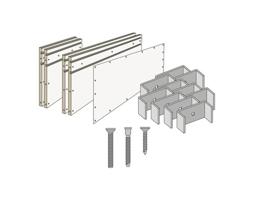 Matériel de fixation pour éléments de cloison sèche, composé de cadres, de plaques, de supports et de vis