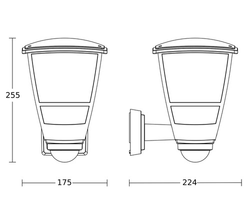Technische Zeichnung einer Wandleuchte mit Maßen