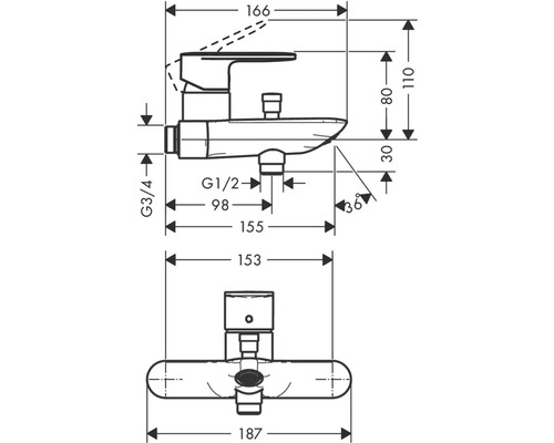 Technische Zeichnung einer Armatur mit Maßangaben.