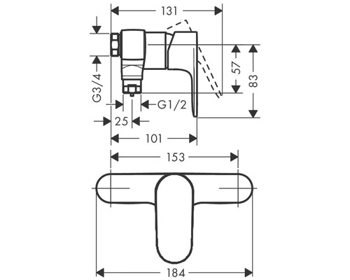 Dessin technique d''un robinet avec dimensions.