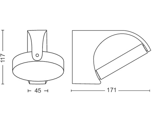 Technische Zeichnung einer Wandleuchte mit Abmessungen